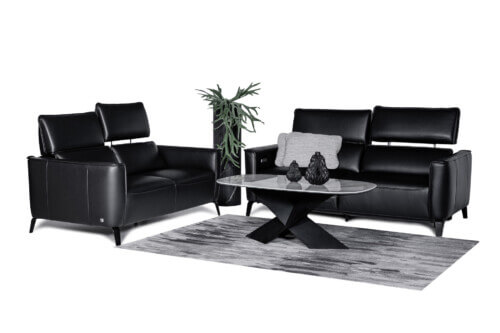 Piękna aranżacja nowoczesny salon naturalna czarna sk&oacute;ra licowa, wysoka jakość