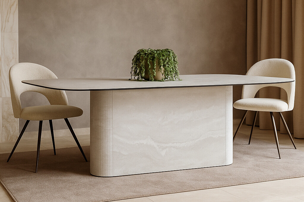 Szary stol wykonany w calosci ze spieku kwarcowego Travertine Pearl noga kolumna spiekowa nierozkladany duzy blat 280 cm e1758811574986